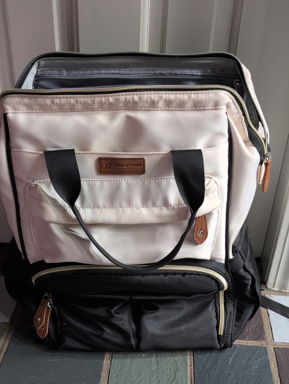 Nylon Two-Tone Travel Backpack Tote - White & Black